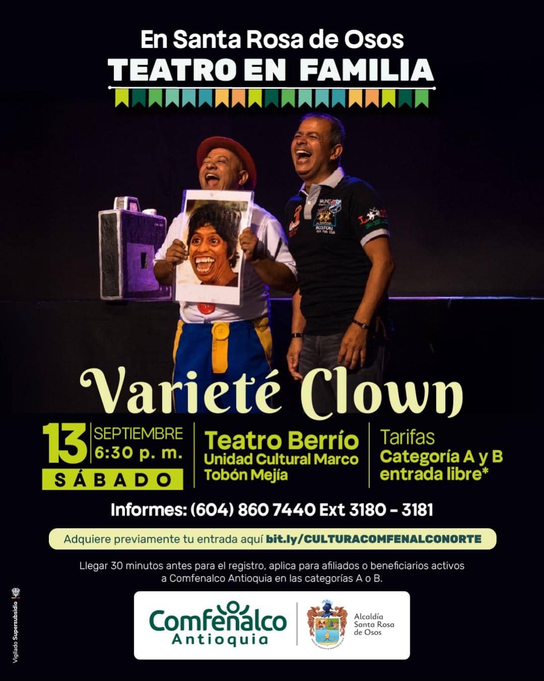 Disfruta del teatro en familia con Varieté Clown en Santa Rosa de Osos, evento cultural con humor y diversión para todos. Entrada gratuita, reserva en línea y llega con anticipación.