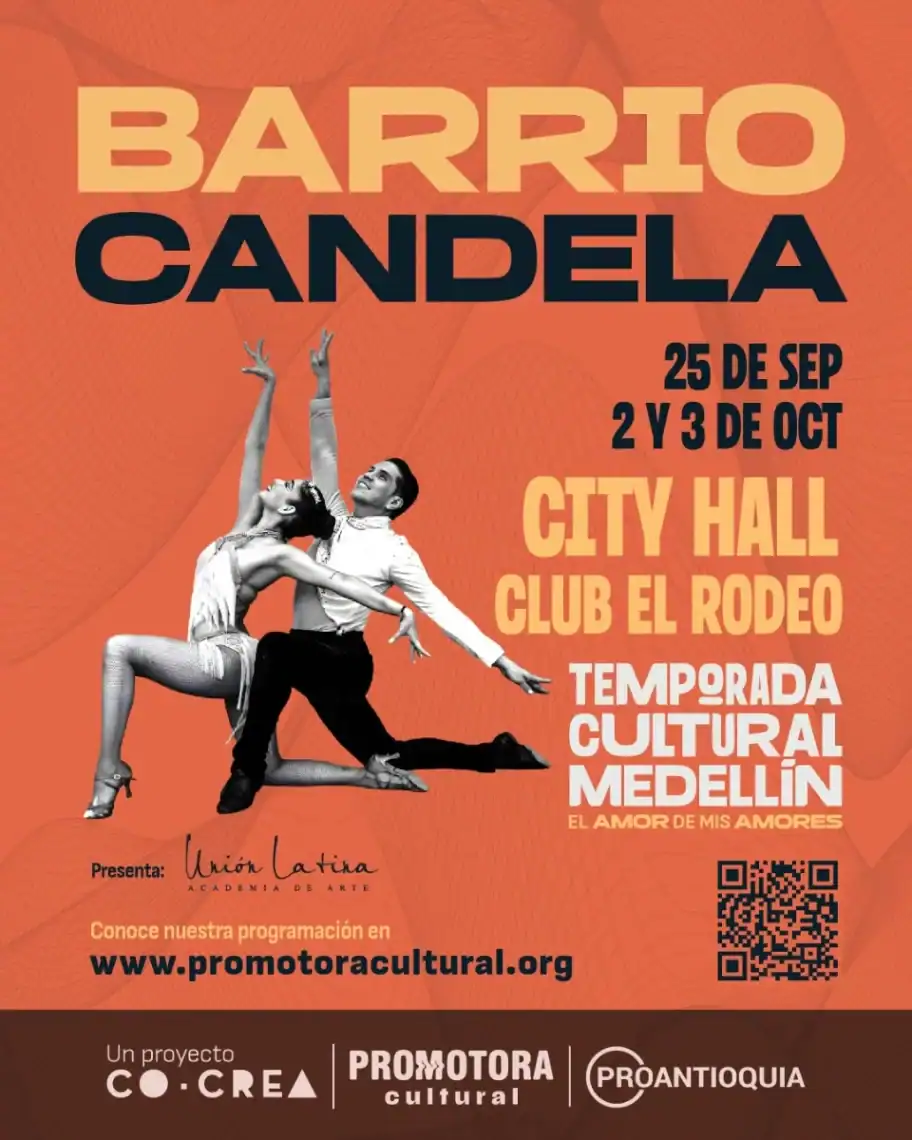 Bailarines de danza contemporánea en evento cultural en Medellín, promoviendo la temporada cultural en el City Hall y Club El Rodeo.