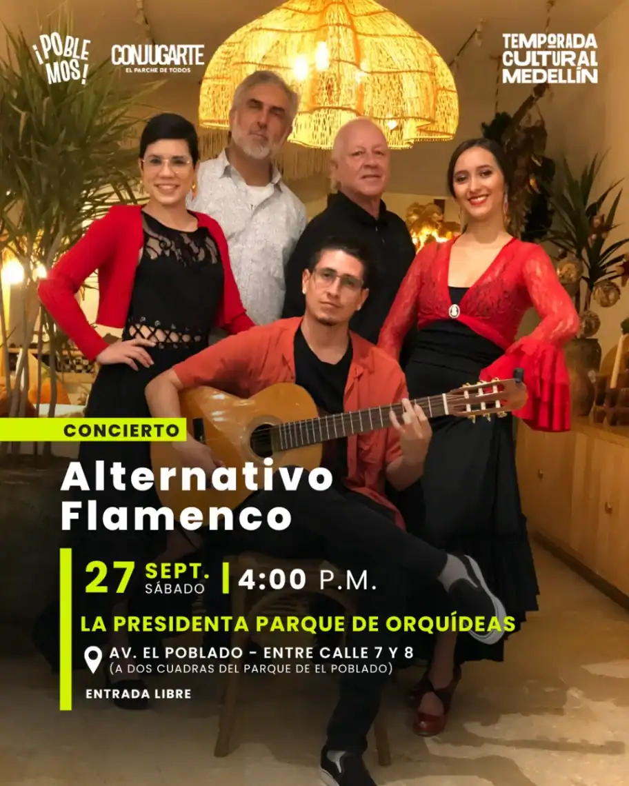 Alternativo Flamenco, concierto cultural en Medellín con grupo de músicos tocando guitarra en un ambiente cálido y acogedor.