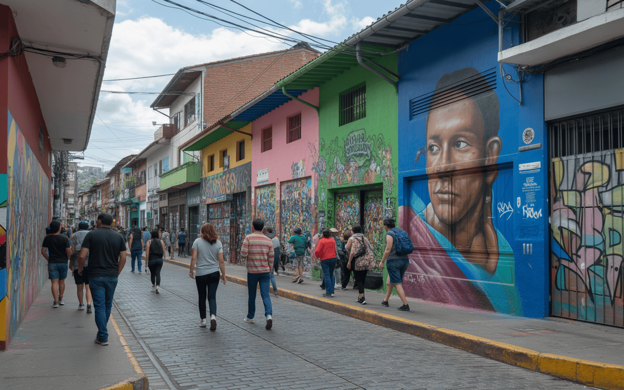 Murales coloridos en calle peatonal de barrio en Colombia mostrando arte urbano y cultura local.