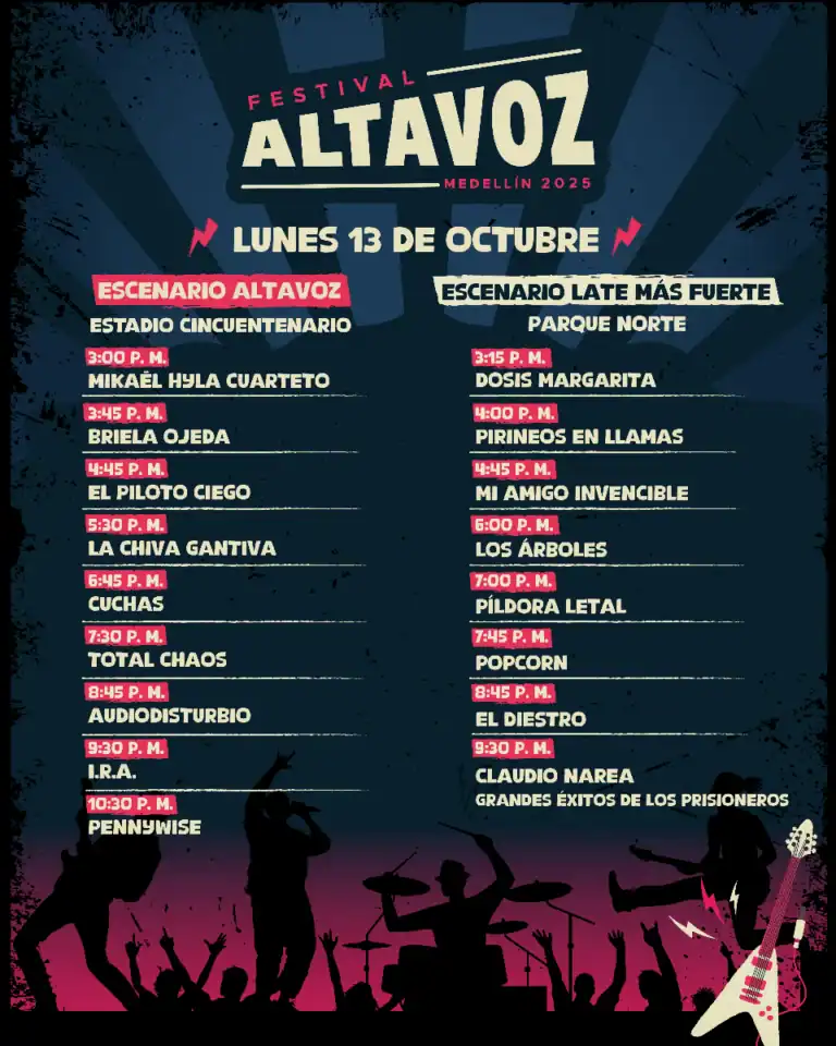 Alt: Cartel del Festival Altavoz Medellín 2025 con actuaciones musicales y horarios en febrero y marzo en diferentes escenarios.