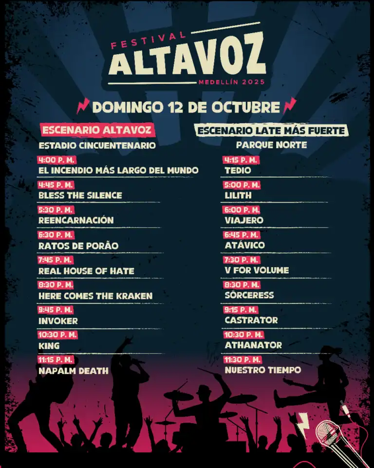 ALT: Cartel del festival Altavoz Medellín 2025 con programación de conciertos y horarios en escenario principal y alterno.