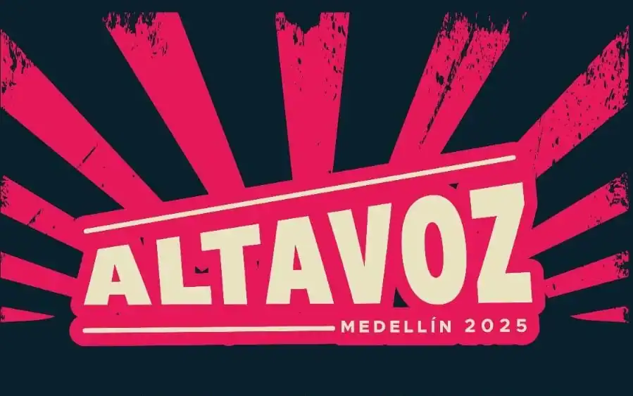 Medellín 2025 evento de cultura, música y arte en Colombia. Diseño vibrante con rayos y letras llamativas para promover la participación en Altavoz Medellín 2025.