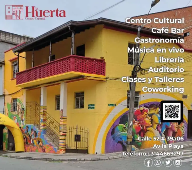 文化中心拥有色彩缤纷的壁画，提供咖啡、酒吧、美食、现场音乐、书店、礼堂、课程、工作坊和联合办公空间，地理位置优越，位于 Calle 52 # 39a06, Av la Playa。