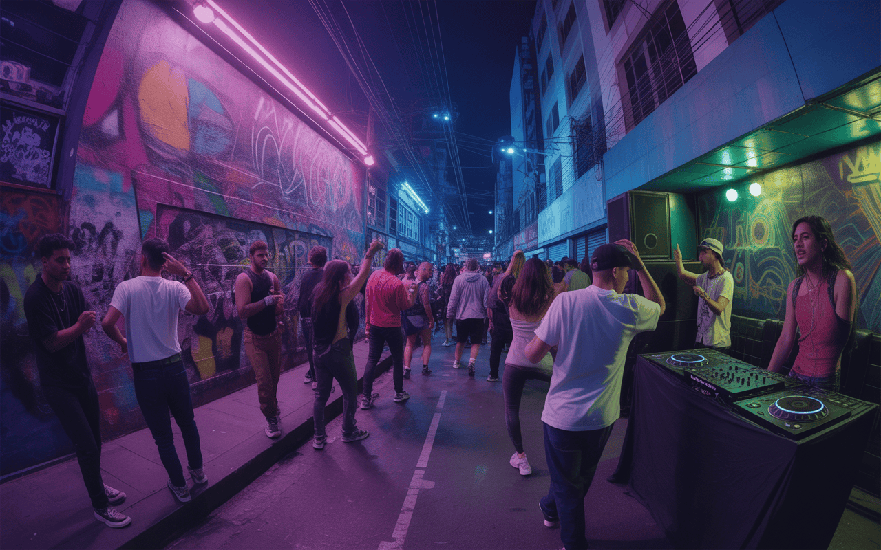 Club nocturno con música en vivo y graffiti en la pared, música y luces de neón, ambiente urbano y juvenil durante la noche en la ciudad.