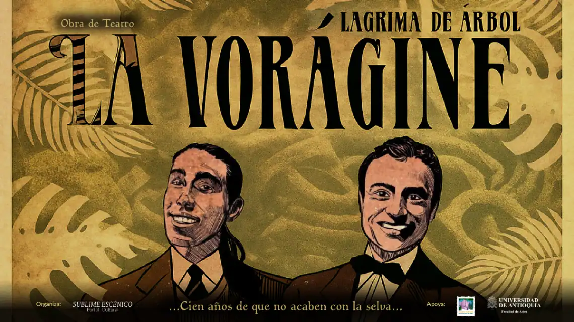 Espectáculo teatral La Voringe obra de teatro con ilustraciones y fondo vintage para evento cultural en Antioquia.