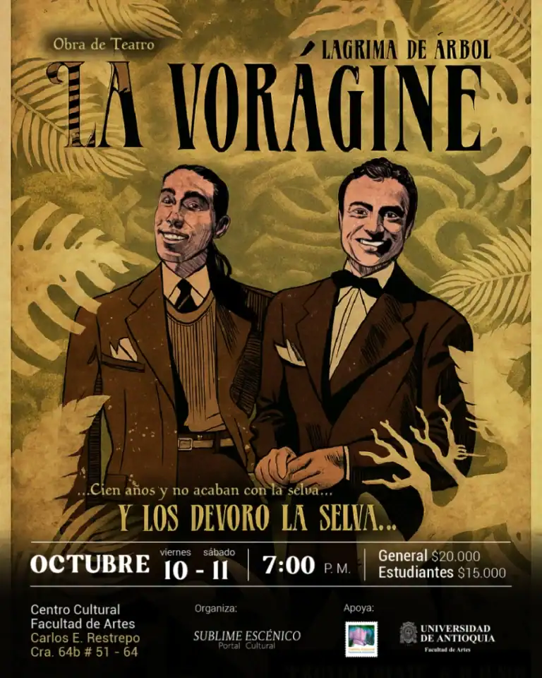 Espectáculo teatral "La Vorágine" de Laglima de Árbol, presentación en el Centro Cultural Facultad de Artes, con actores en escena, evento cultural en octubre con entrada económica para estudiantes y público general.