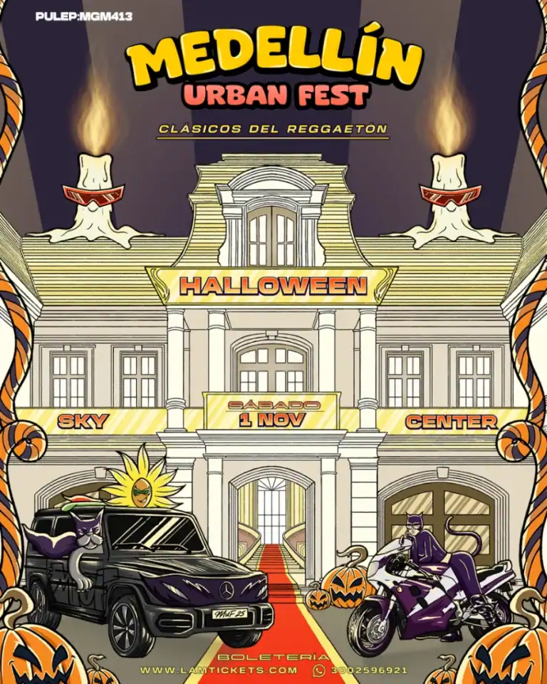 Evento de Medellín Urban Fest Halloween con temática de reggaetón, fiestas temáticas de Halloween, coches deportivos, decoración de calabazas y ambiente festivo para amantes de la música urbana y el Halloween en Colombia.