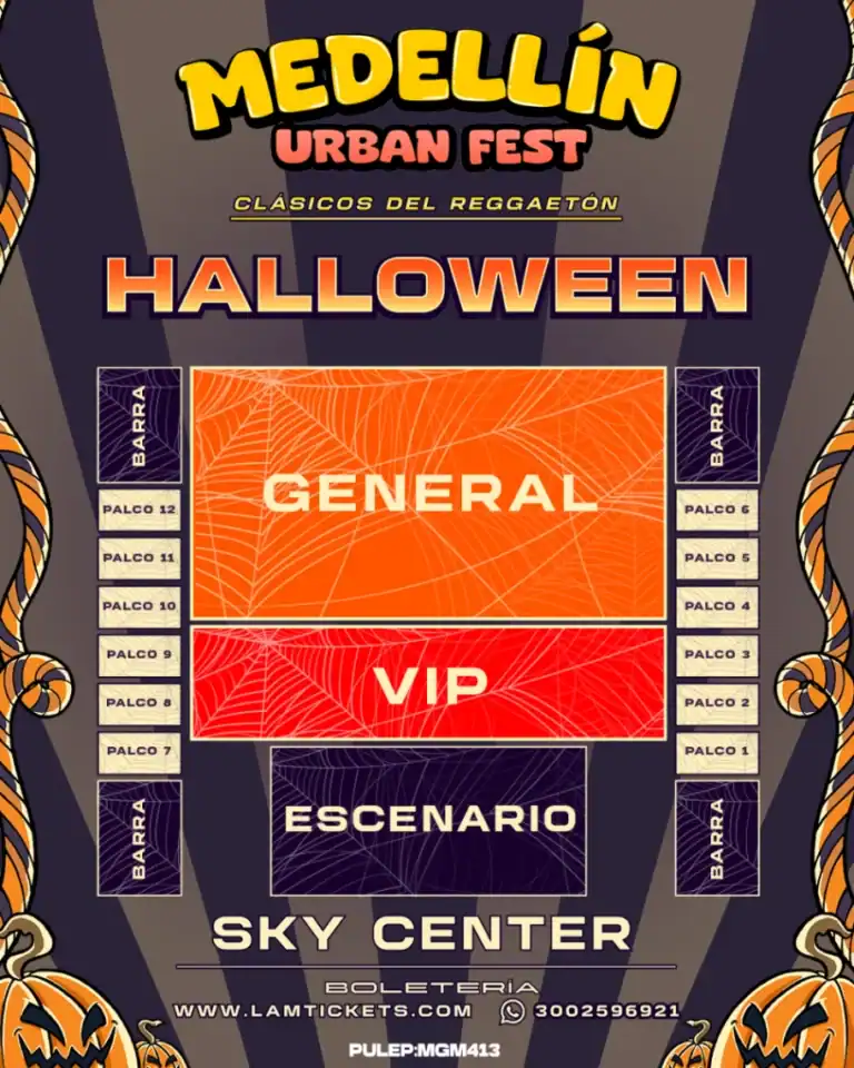 Butón de evento de Halloween en Medellín, festival urbano con conciertos de clásica del reggaetón, actividades VIP y área de escenario en Sky Center, entradas en www.lamtickets.com.