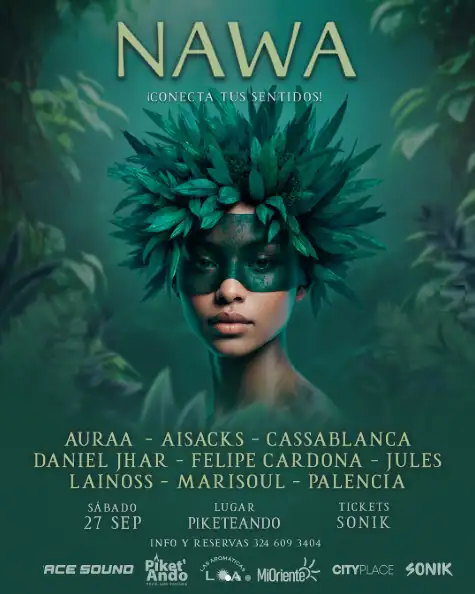 NAWA festival en Piketeando, evento cultural y musical en Bogotá con artistas como Auraa, Aisacks, Cassablanca y Daniel Jhar, celebrando el arte indígena y la creatividad en la naturaleza.