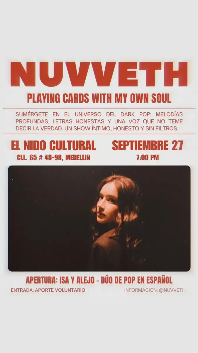 NUVVETH evento musical dark pop Medellín 27 de septiembre 7PM - Dúo de pop en español, show íntimo, honestidad y autenticidad en El Nido Cultural. Entrada voluntaria.
