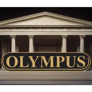 OLYMPUS logo sobre una estructura de columnas clásicas con inspiración griega, representando elegancia y tradición en eventos y marcas prestigiosas.