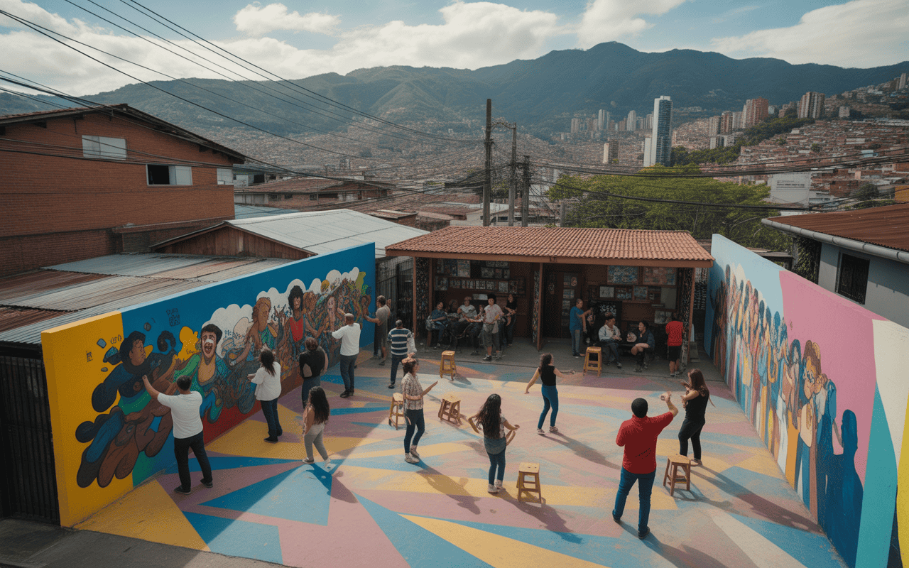 Pintoresco espacio de eventos en una azotea con murales coloridos en Bogotá, donde personas disfrutan de actividades culturales y sociales, ideal para eventos y celebraciones urbanas.