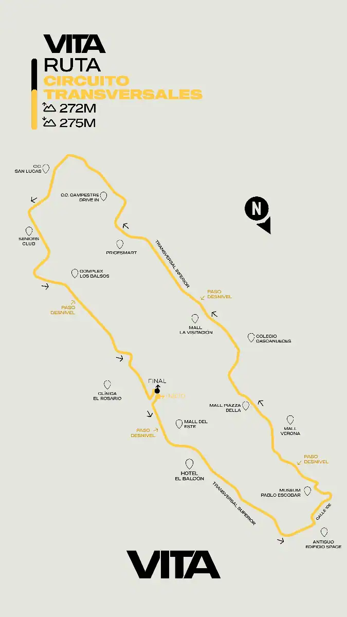 Caminos de la ruta de circuito transversal en vivo para evento, señalización y mapa de recorrido en Bogotá, Colombia. Concepto de circuito para eventos y transversales en el recorrido urbano.