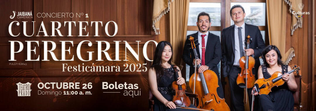 Conjunto de músicos tocando instrumentos de cuerda en un concierto clásico en una sala de eventos culturales, promoción del evento de Cuarteto Peregrino en la Festicámara 2025 en Bogotá.