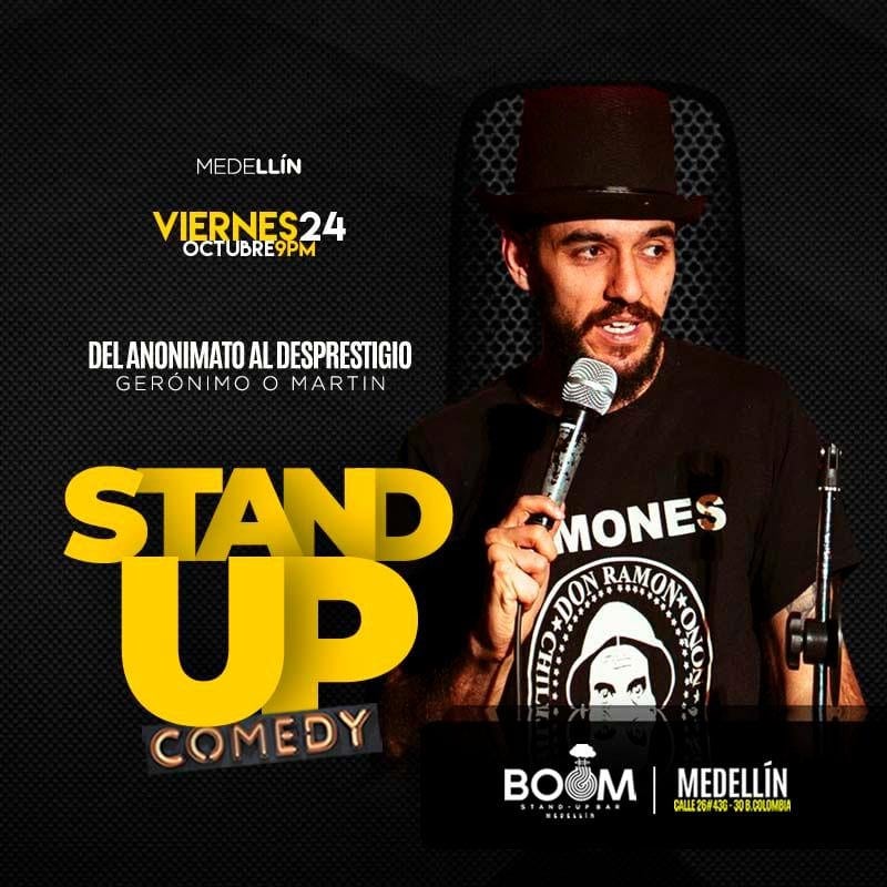 Stand up comedy, evento en Medellín con Gerónimo o Martín, promoción de comedia en vivo, espectáculo de stand-up, cartelera de eventos cómicos en Colombia.