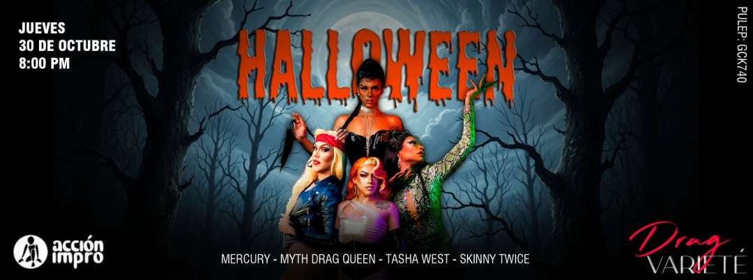 Fiesta de Halloween en Bogotá, evento temático con DJs, drag queens como Mercury, Myth Drag Queen, Tasha West y Skinny Twice, en un ambiente oscuro y misterioso, ideal para amantes de la cultura alternativa y eventos de disfraces.