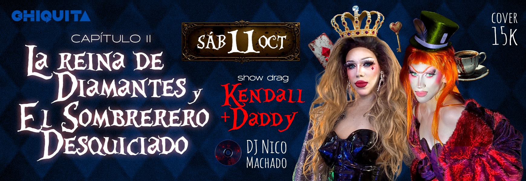 Sombrerero y reina de diamantes en show drag en evento de Halloween en Bogotá, con diseño teatral y ambiente festivo, protagonizado por Kendall y Daddy, con DJ Nico Machado en una noche temática y exclusiva de eventos.