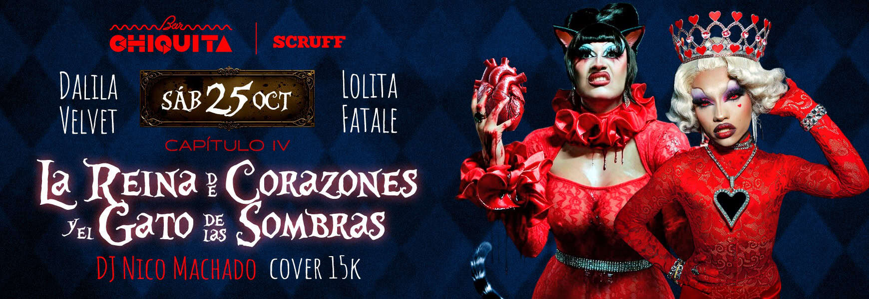 Bar Chiquita y scrub: evento temático de Halloween con disfraces de personajes de fantasía, música en vivo y fiesta con DJ Nico Machado en Bogotá, 25 de octubre. Disfruta de una noche de entretenimiento y diversión.