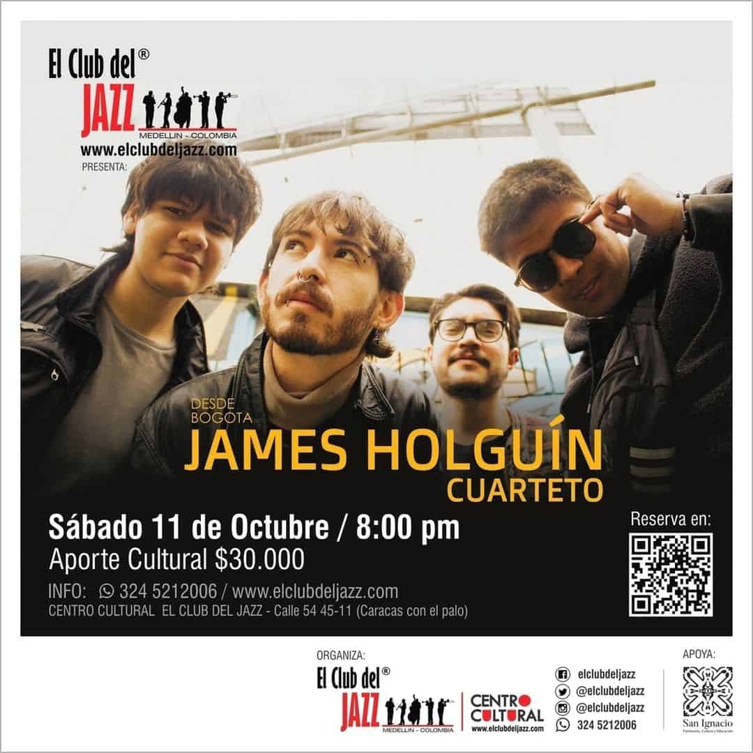 Jóvenes músicos con instrumentos en concierto, promoción de evento de jazz en Medellín, con cartel de El Club del Jazz, mostrando colores vibrantes y experiencia cultural.