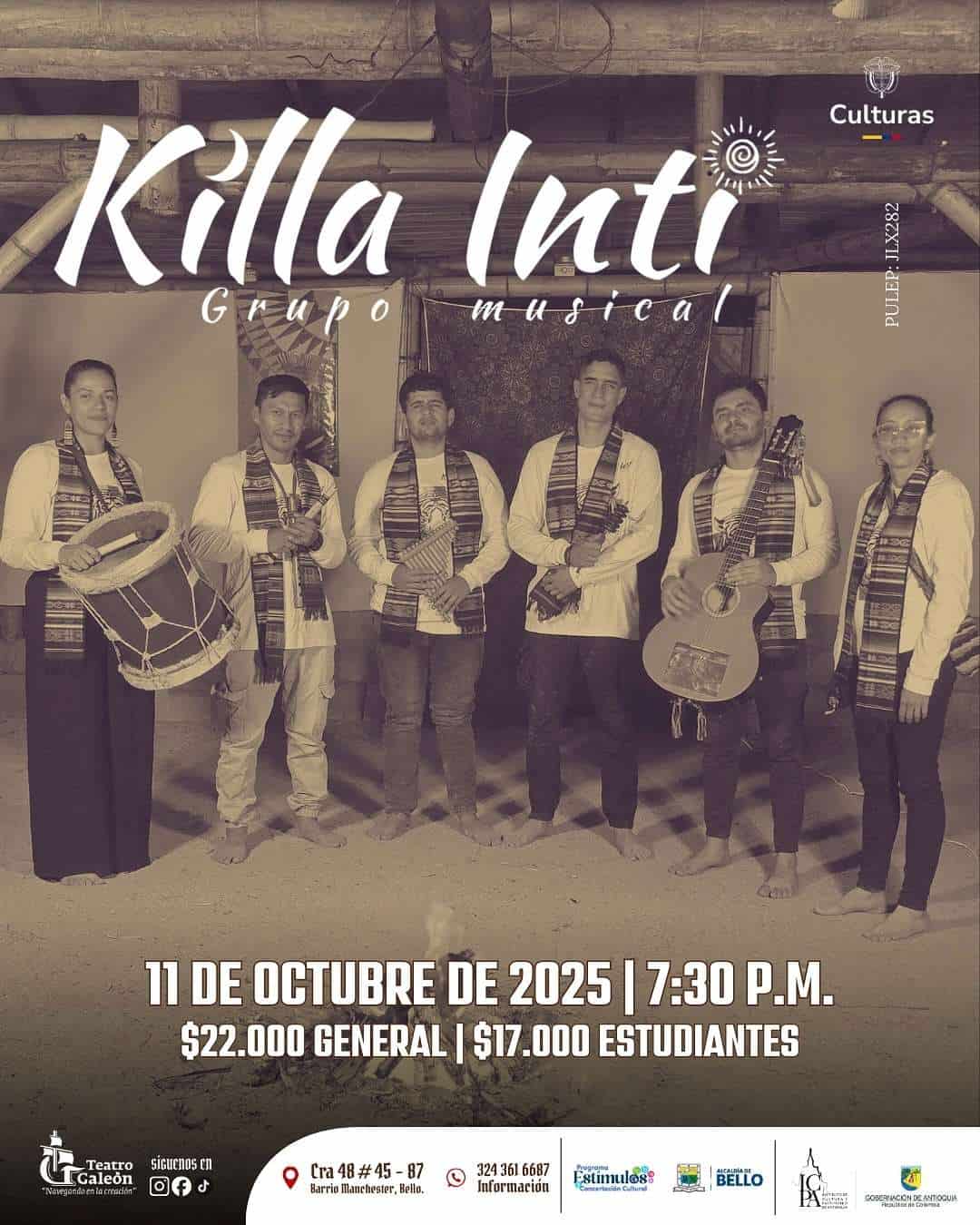 Killa Intergrupo musical en evento cultural en Bello, Colombia, presentando música folclórica y tradicional en concierto artístico en una sala de evento.