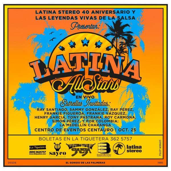 Latina All Stars en vivo, evento de salsa en Medellín con estrellas invitadas y música en vivo, celebración del 40 aniversario de Latina Stereo.
