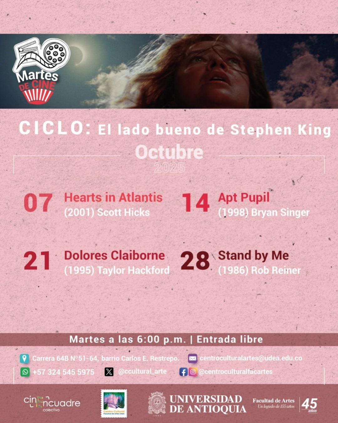 Hechos en Atlantis, cartel de eventos de cine, con fechas y títulos destacados para promoción cultural en Medellín, resaltando programación de cine clásico y contemporáneo en octubre 2025.