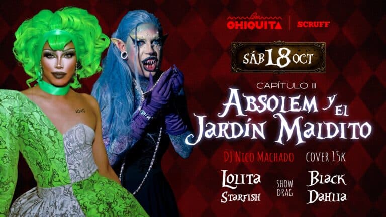 Disfruta del evento de Halloween en Bogotá con temática de "Absolém y el Jardín Madiito" en El Chiquita, con actuaciones de Lolita Starfish y Black Dahlia, y DJ Nico Machado, en una noche llena de disfraces y shows drag.