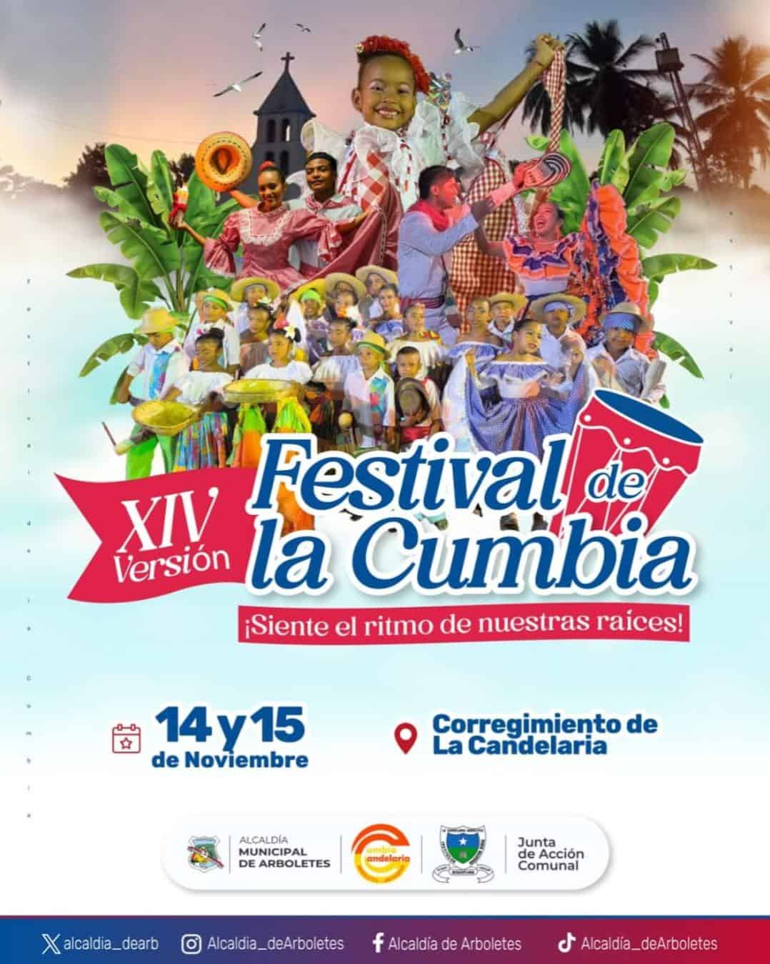 Celebración cultural con grupo de niños y adultos en traje tradicional en la XVI versión del Festival de la Cumbia en Arboletes.