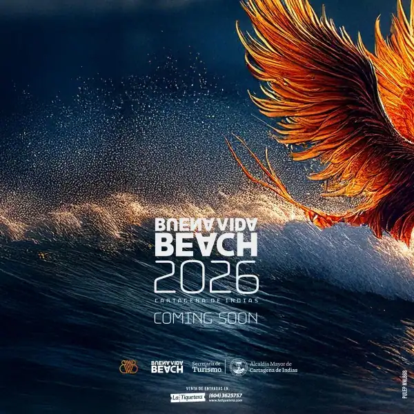 Brennivi d'avid bevh 2026 cartelera de eventos en cartagena de indias evento de celebración temática con ola y ave de fuego en la imagen, promocionando el evento de 2026 en Cartagena de Indias, con detalles sobre la venta de entradas y patrocinadores.