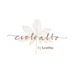 Logo de Velalto by Grattia, diseño minimalista con hoja decorativa en tonos marrón suave, ideal para branding y branding de marca en la industria de eventos y moda.