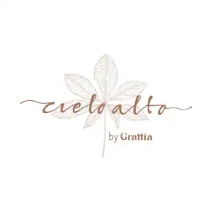 Logo de Velalto by Grattia, diseño minimalista con hoja decorativa en tonos marrón suave, ideal para branding y branding de marca en la industria de eventos y moda.