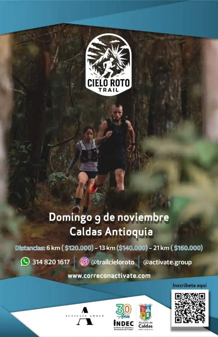 Camino de trail en un bosque con corredores en entrenamiento para evento Cielo Roto Trail en Caldas Antioquia.