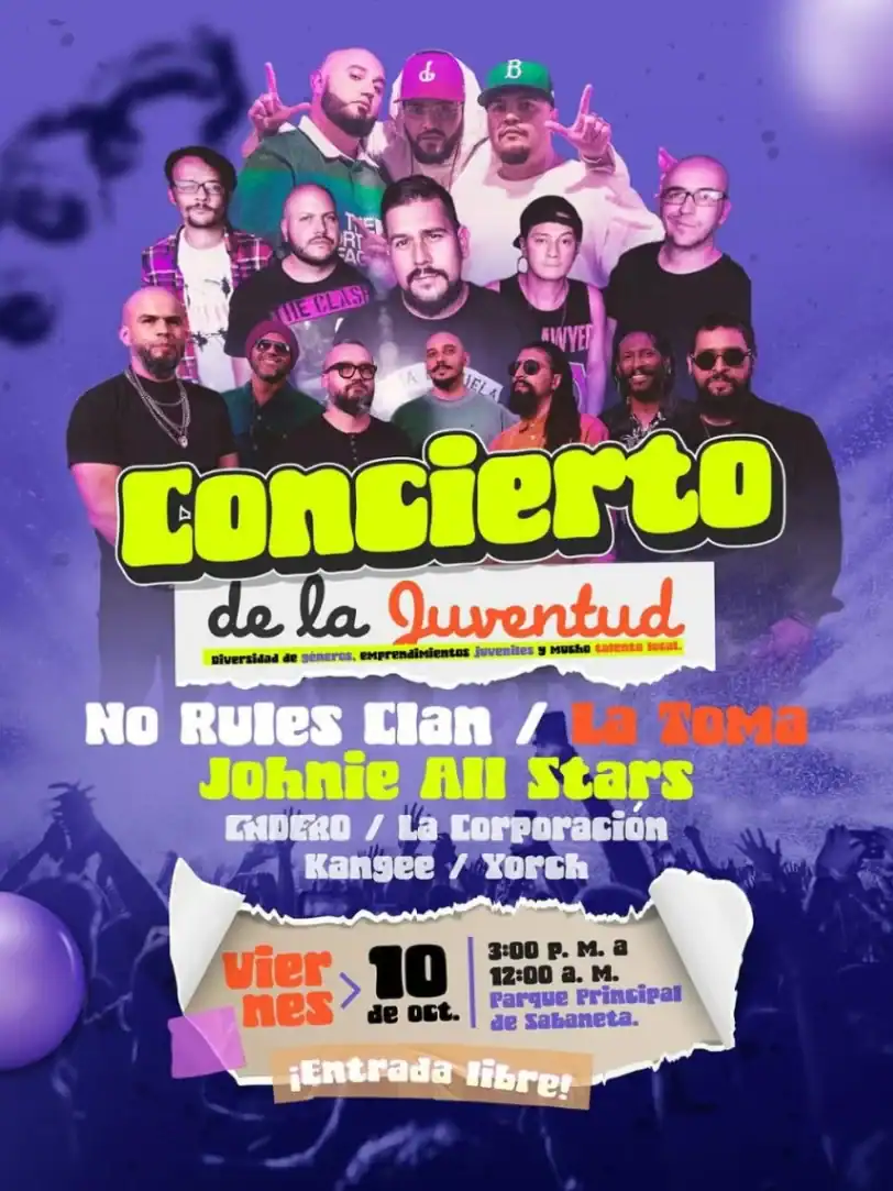 Concerto juvenil en Parque Principal de Sabaneta con diversos artistas y bandas en un evento gratuito, promoviendo la diversidad generacional y cultural en un ambiente de entretenimiento y emprendimiento joven.