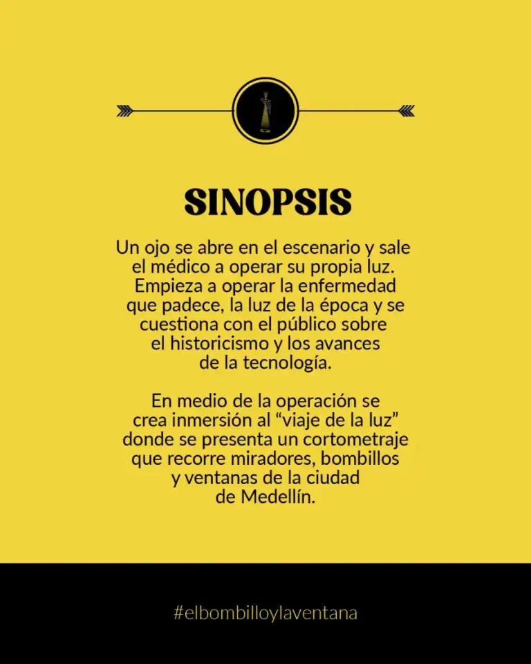Ojo abriendo escena de teatro con figura de médico y luz, que representa la operación y el viaje de la luz en un contexto teatral.