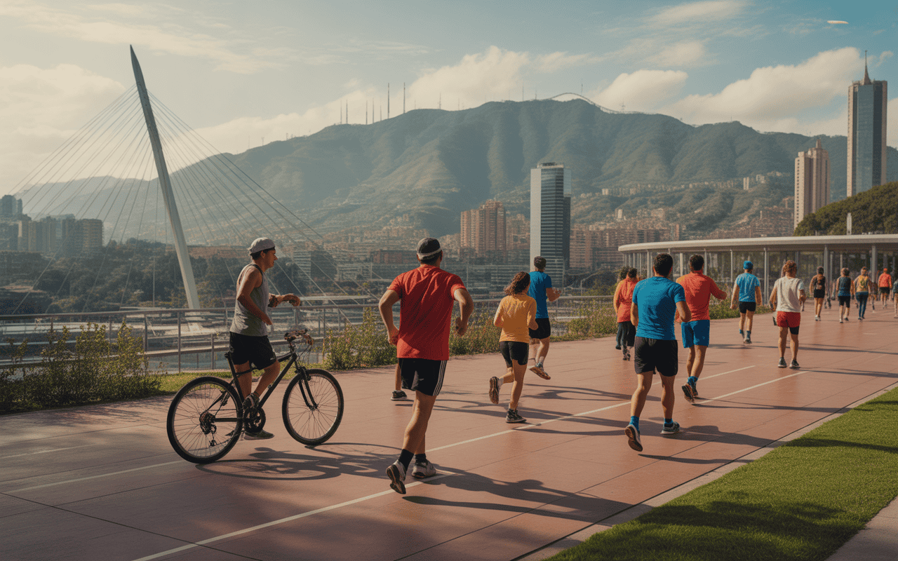 Corredores en ciudad moderna con montañas y puente en fondo, actividad al aire libre, ejercicio, bienestar, evento deportivo, ciudad de Bogotá, parque urbano, comunidad activa, salud y fitness.
