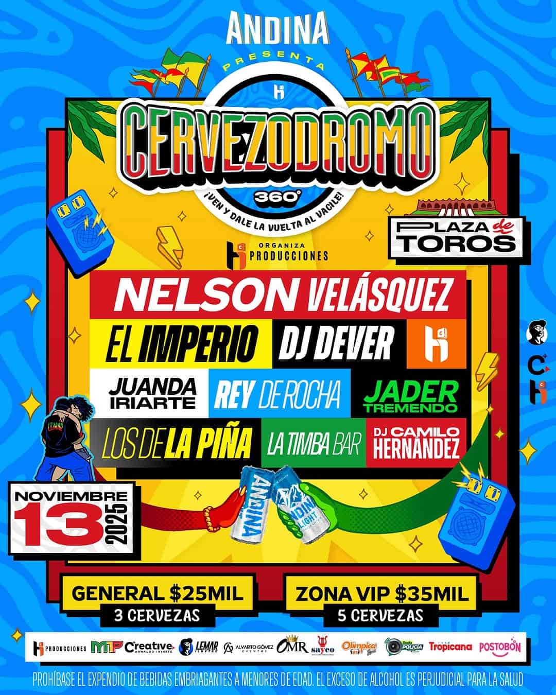 Cervezodromo, evento en Andina presenting Nelson Velásquez, El Imperial y DJ Dever en Plaza de Toros, con promociones de cervezas y música en vivo para disfrutar en noviembre 2025.