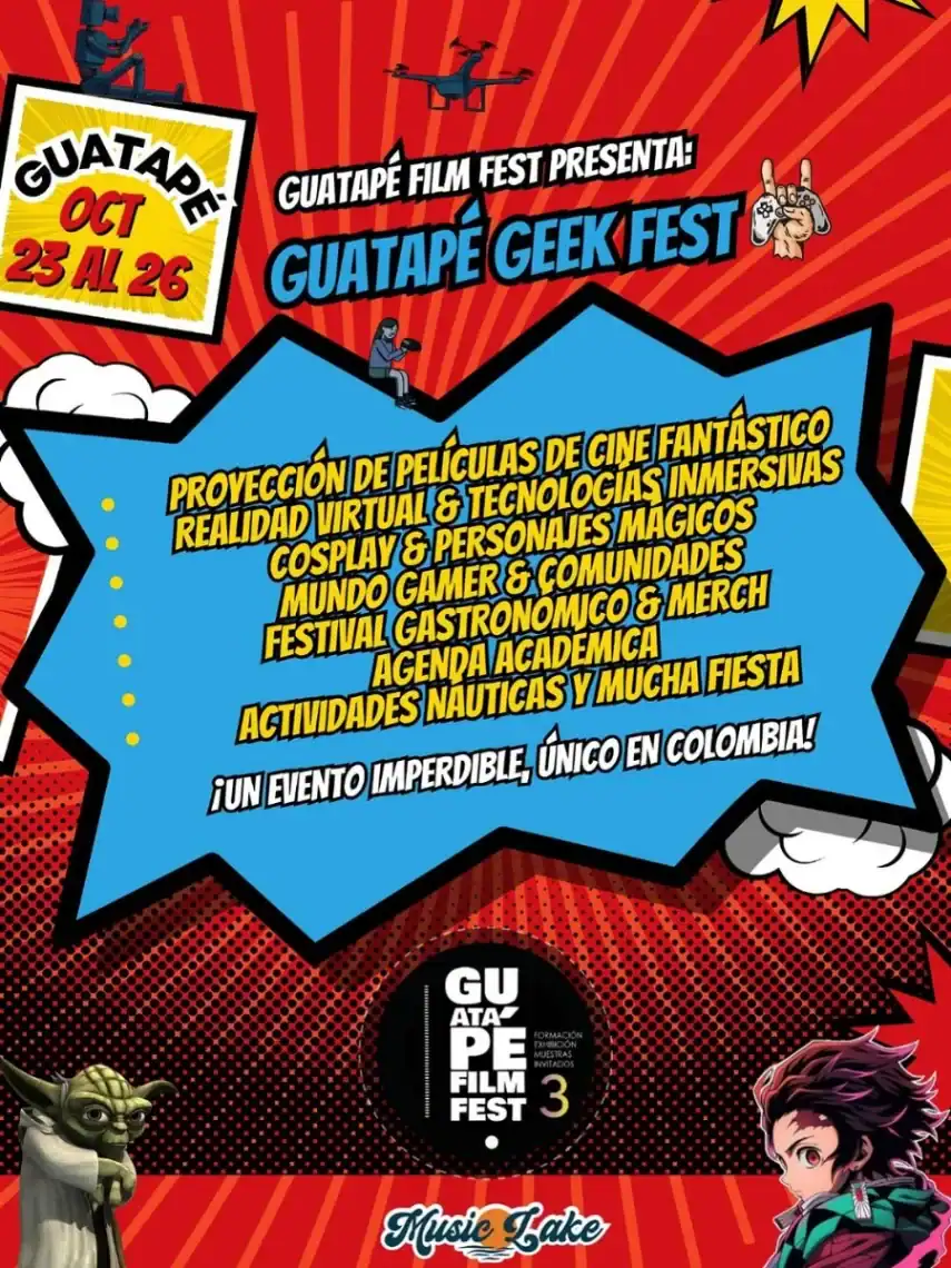 Guatapé Geek Fest, a film, technology and pop culture event in Guatapé, from October 23 to 26, featuring cosplay, virtual reality, movies, gaming, merchandise and water activities, in a unique event in Colombia.
