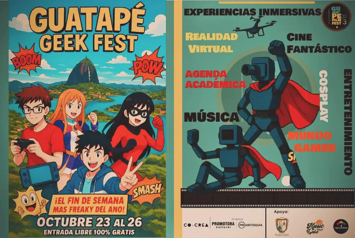 Guatape Geek Fest en Colombia, evento de cultura pop con experiencias inmersivas, cosplay, juegos y actividades para jóvenes y fans de los videojuegos y el manga.