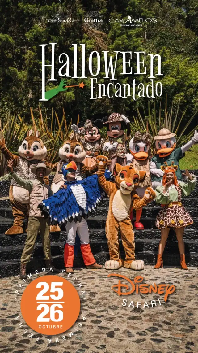 Fiesta Halloween en Disney Safari con personajes disfrazados, evento familiar con disfraces y diversión, fechas 25 y 26 de octubre, en Colombia.