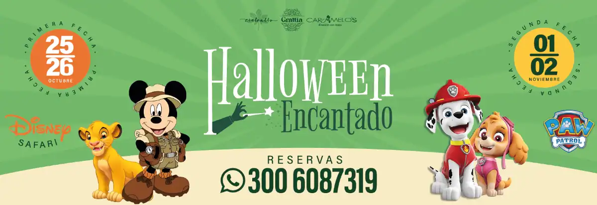 Disney safari y personajes de Paw Patrol en evento de Halloween Encantado, con reserva, fechas 25 y 26 de octubre y 1 y 2 de noviembre, en Colombia.