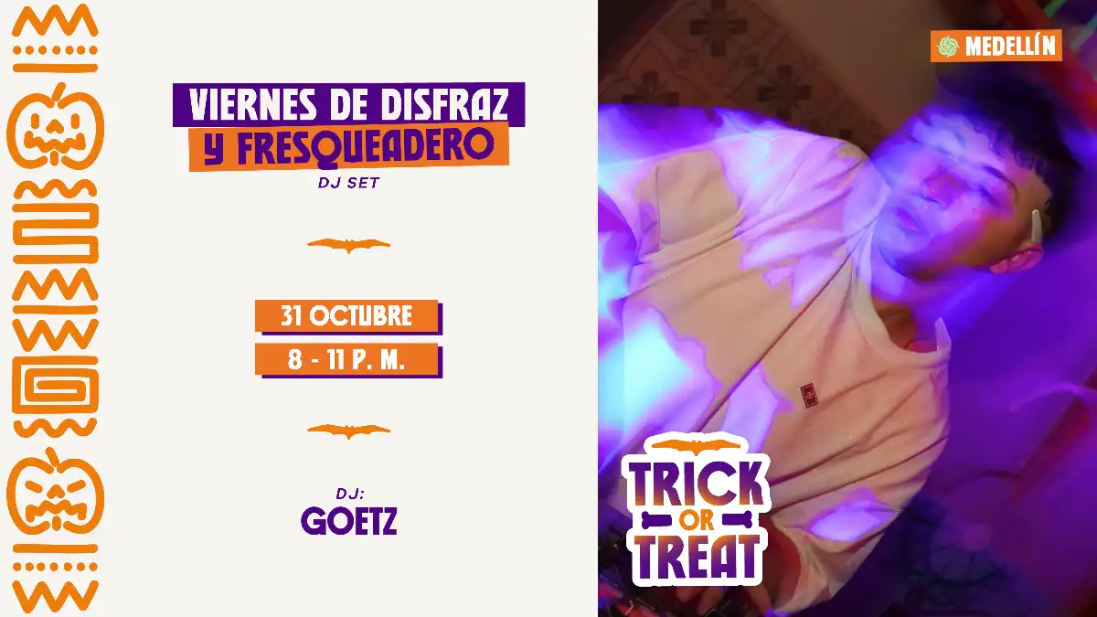 Disfraz y fresquero en evento Halloween Medellín, fiesta temática con DJ y ambiente festivo.