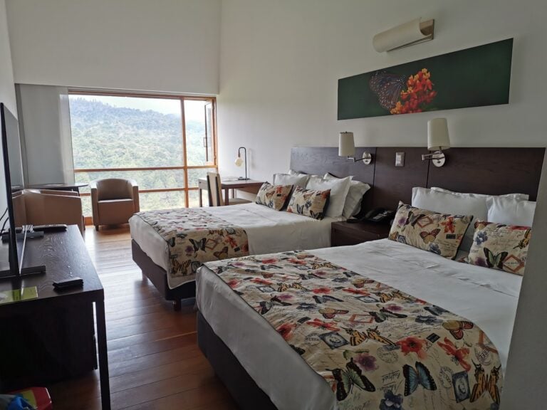 Habitación de hotel moderna con dos camas, vista a la montaña, muebles de madera, decoración con mariposas, ambiente cómodo y luminoso, ideal para viajeros en eventos y turismo en Colombia.