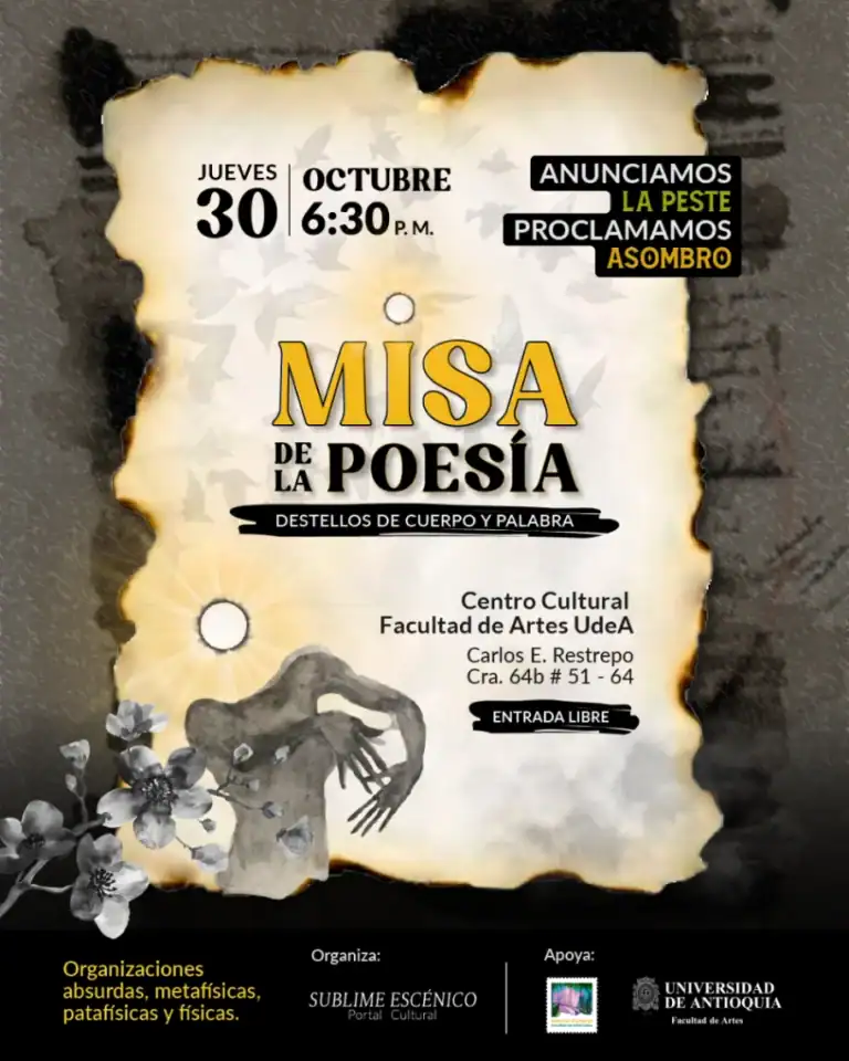 Espectáculo de poesía, noche de recitación y arte literario, evento cultural en la Facultad de Artes UdeA, celebración de la poesía y el arte en Medellín, poesía en vivo, evento gratuito en centro cultural.