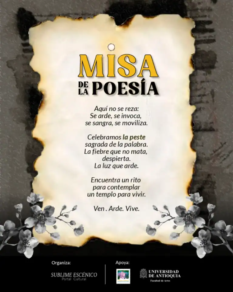 Misa de la poesía, evento cultural con poesía, poesía en vivo, celebración de la palabra, evento artístico y cultural, convocatoria poética, actividades literarias, cultura y arte en Medellín.