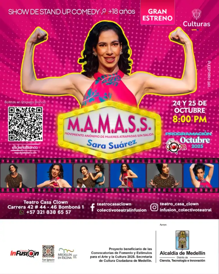 Disfraz de mujer fuerte en festival de stand-up comedy M.A.M.A.S.S. en Medellín, evento cultural con teatro, arte y cultura, promoviendo el empoderamiento femenino y la innovación en la escena artística.