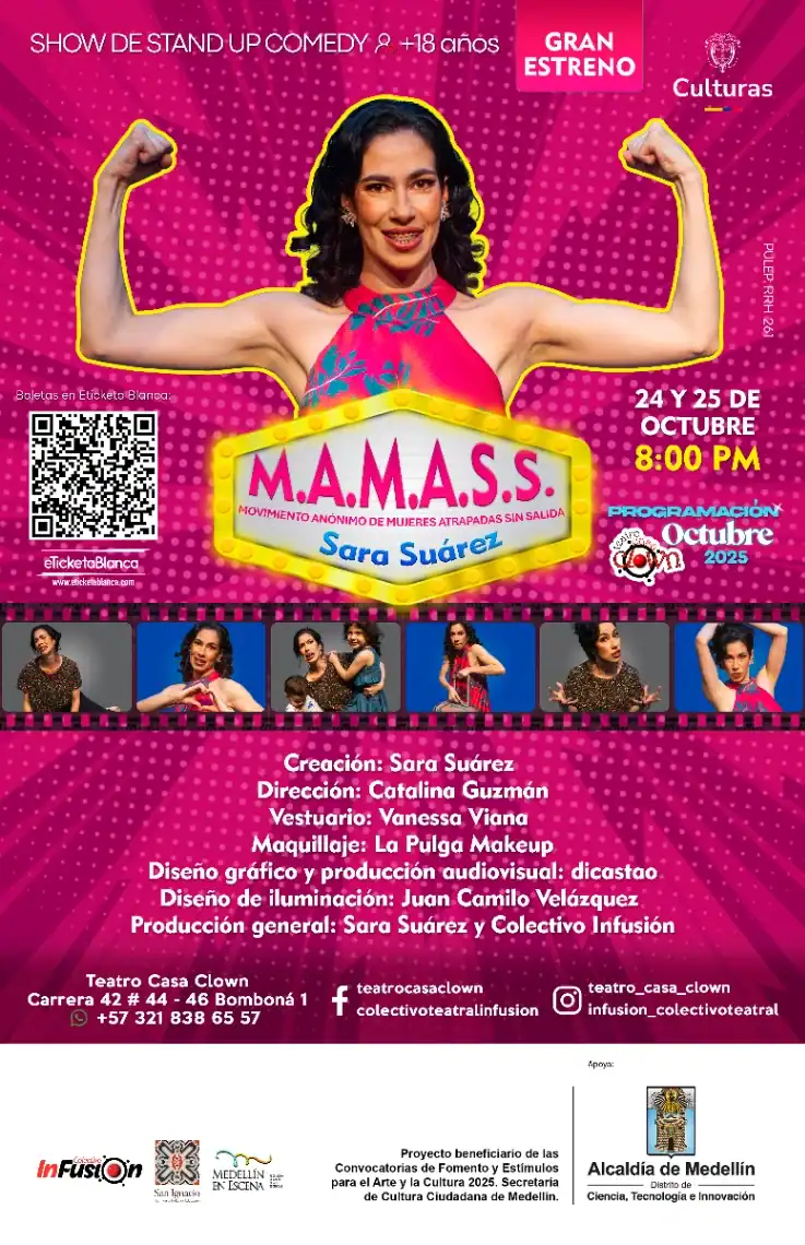 Mujer haciendo show de stand up comedy para mayores de 18 años, promoción de evento artístico y cultural en Medellín.