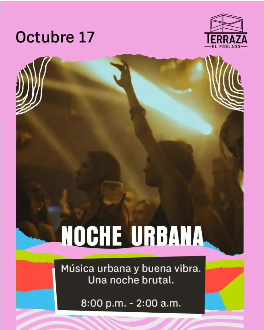 Lamina de evento musical nocturno en un bar con ambiente urbano y vibrante, ideal para promocionar noches de música en vivo y fiestas urbanas en El Poblado, Medellín.