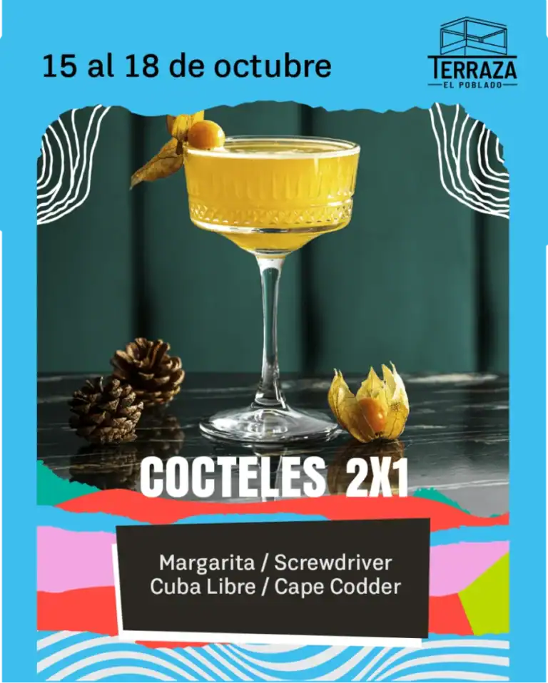 Refresco de cóctel con la promoción 2x1, Margarita, Screwdriver, Cuba Libre y Cape Codder, en evento en terraza El Poblado, con decoración colorida y temática de temporada.