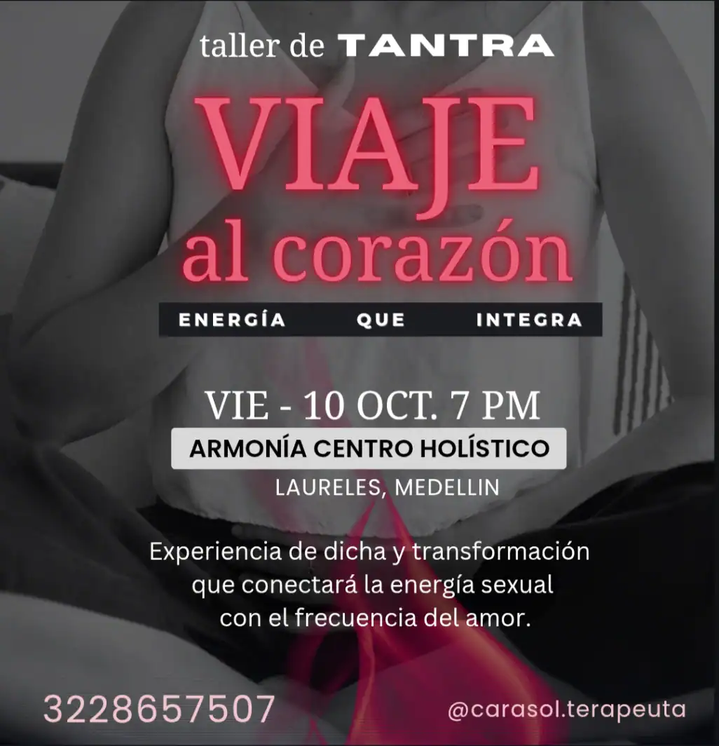 Vía al corazón, taller de Tantra en Medellín, evento de energía y transformación, experiencia holística, conectar energía sexual y amor, taller de bienestar y amor. | Female hands holding her chest with a pink heart overlay.